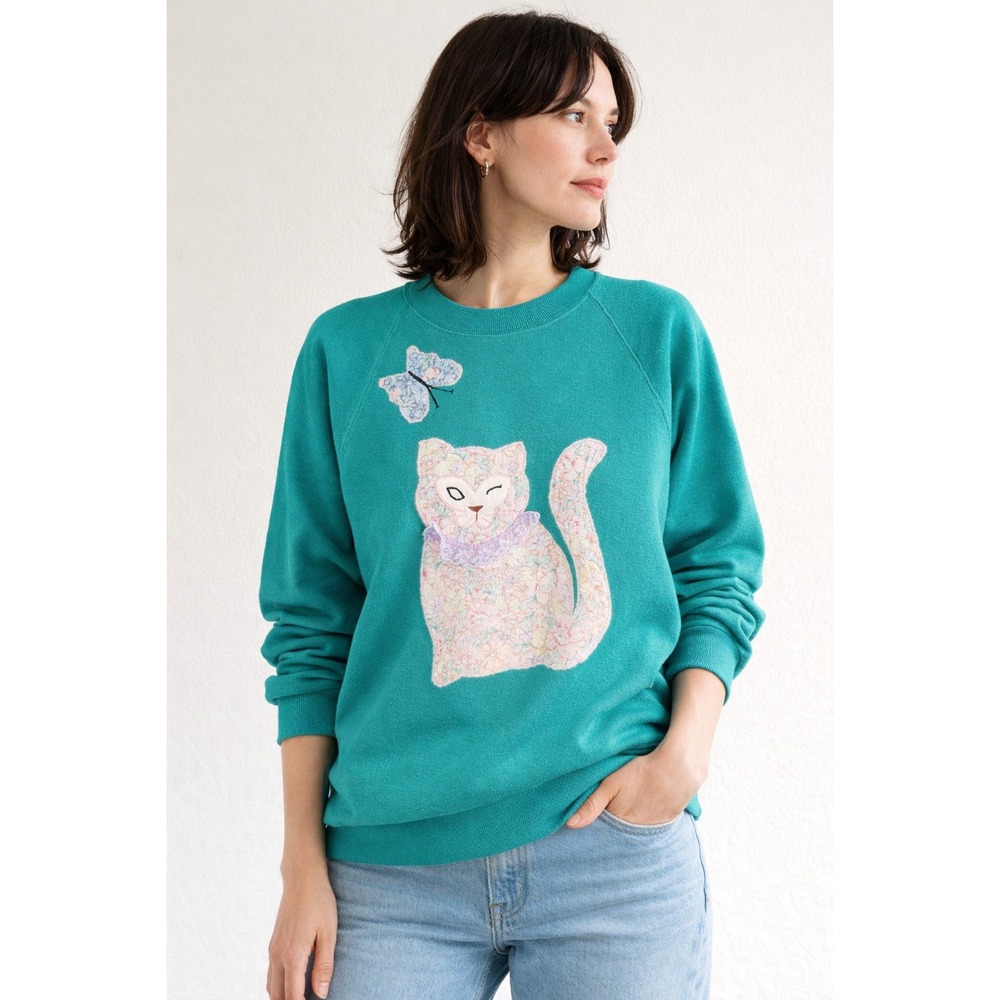 Vintage Russell Super Weights Women's Teal Cat Butterfly Applique Sweatshirt S